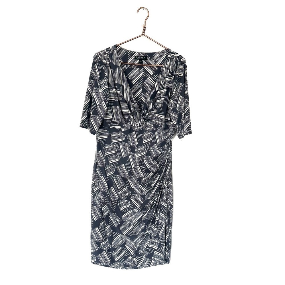 Lauren Ralph Lauren Women’s Sz 16 Gray White Ruched Stretch Dress Faux Wrap